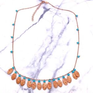Rose Gold Tone Botanical Themed Necklace with Turquoise Colored Faceted Beads